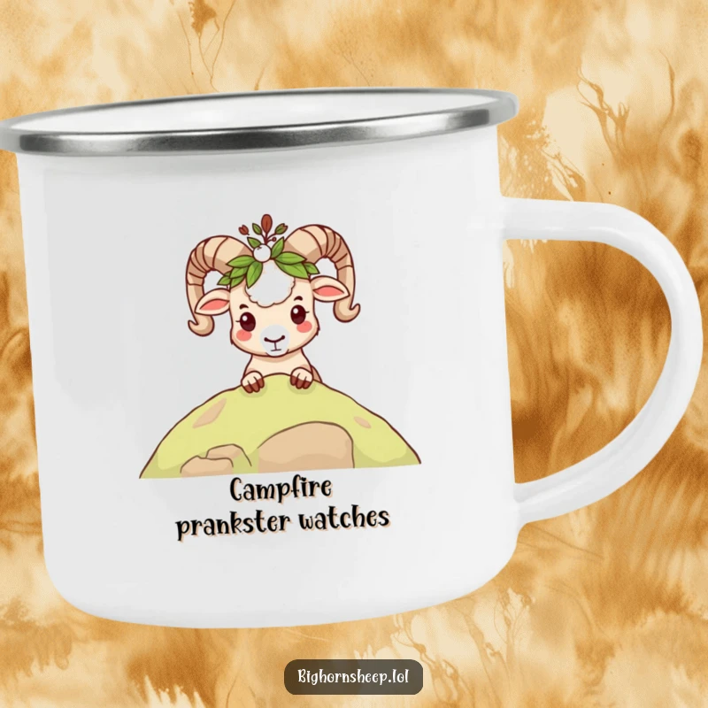 Funny mischievous bighorn sheep camping mug, peeking with a leafy crown, perfect for adventurous fun.