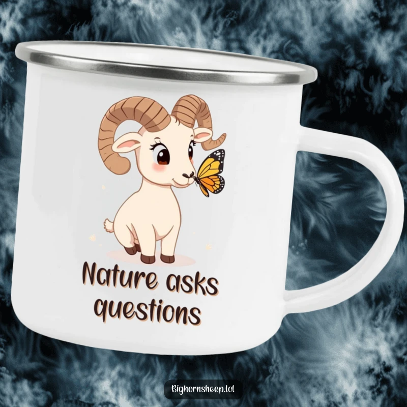 Funny bighorn sheep camping mug, head tilted quizzically at a butterfly, a durable and hilarious mug for curious adventurers.