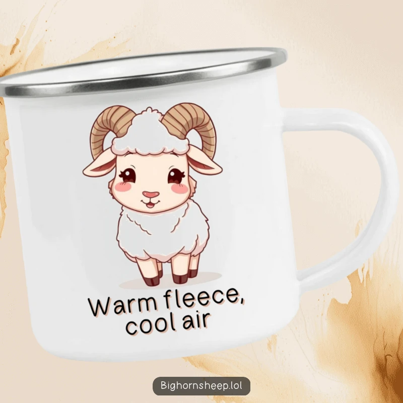Funny Bighorn Sheep Camping Mug: Happy sheep winking while adjusting its woolly fleece, perfect for cozy, humorous outdoor enjoyment.