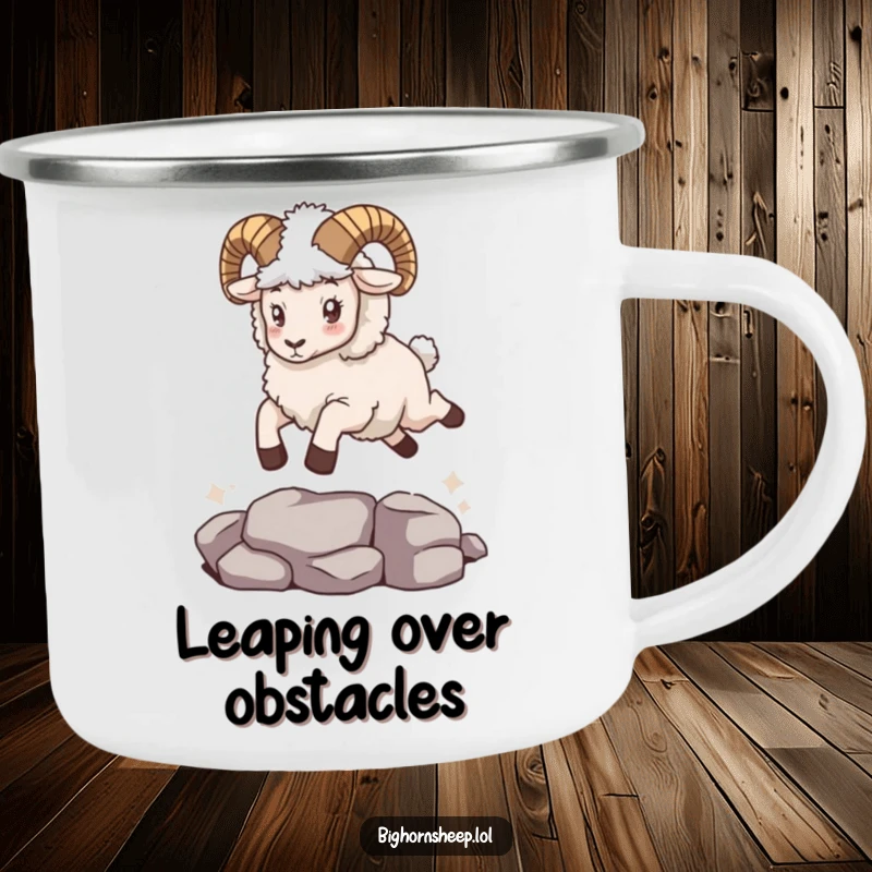 Funny bighorn sheep wearing a fuzzy cape, leaping over a gap, on a rugged camping mug for outdoor enthusiasts.