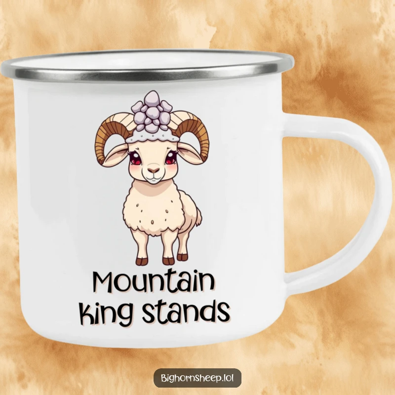 Funny proud bighorn sheep camping mug, a sheep standing tall with a pebble crown, perfect for rugged pride.