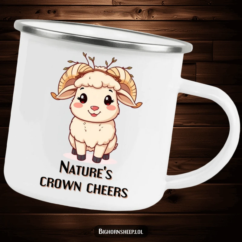 Funny bighorn sheep camping mug, a cheerful sheep with a twig crown, perfect for happy campers.