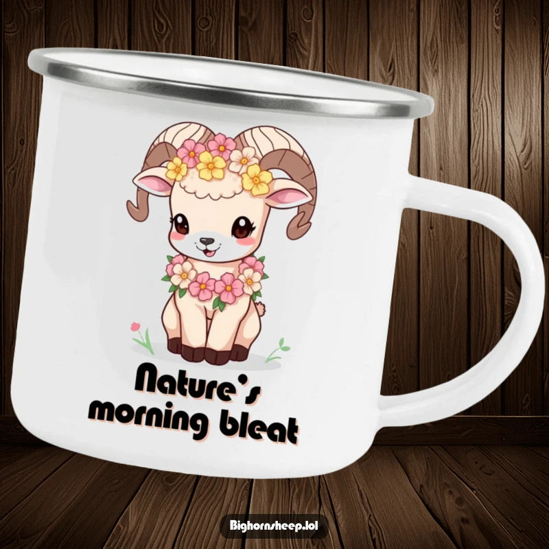 Funny bighorn sheep cub with a flower garland bleating playfully on a durable camping mug, perfect for outdoor charm.