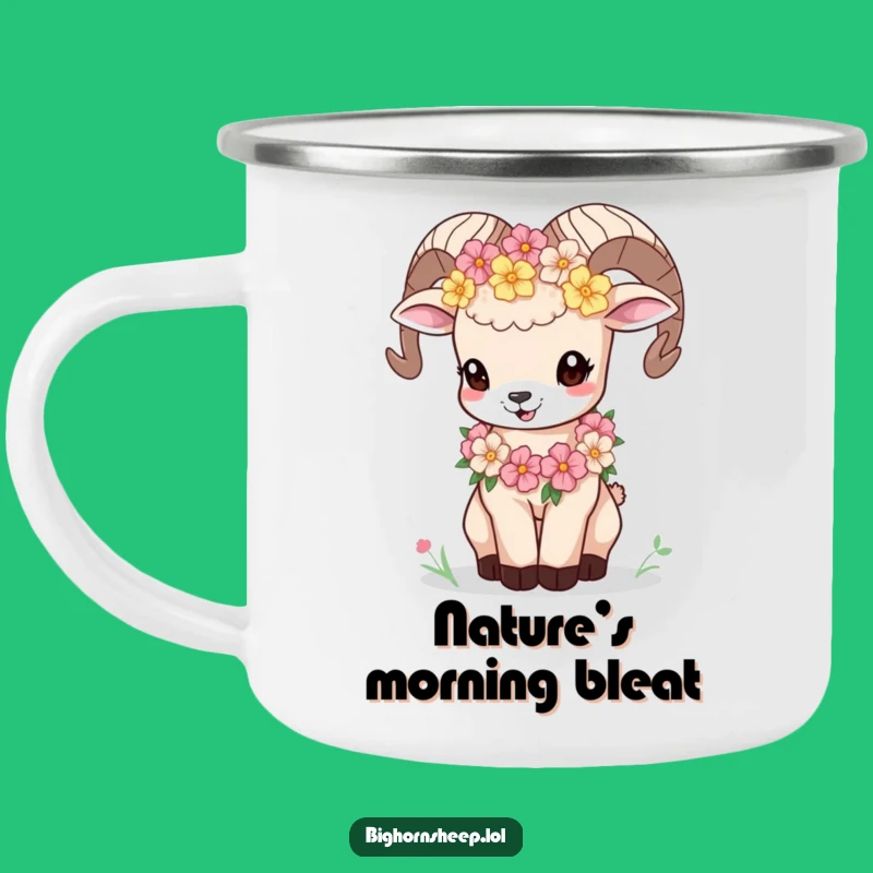 Funny Bighorn Sheep Cub Flower Garland Camping Mug - Playful Bleat Outdoor Gift