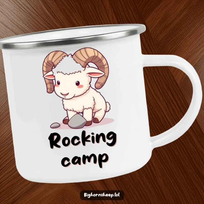 Funny camping mug with a playful bighorn sheep gently butting horns with a small pebble, perfect for outdoor fun.