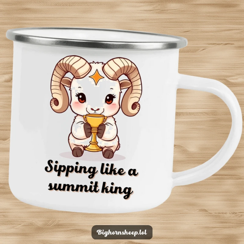 Funny bighorn sheep camping mug with a majestic sheep holding a miniature golden chalice, perfect for humorous outdoor sipping.