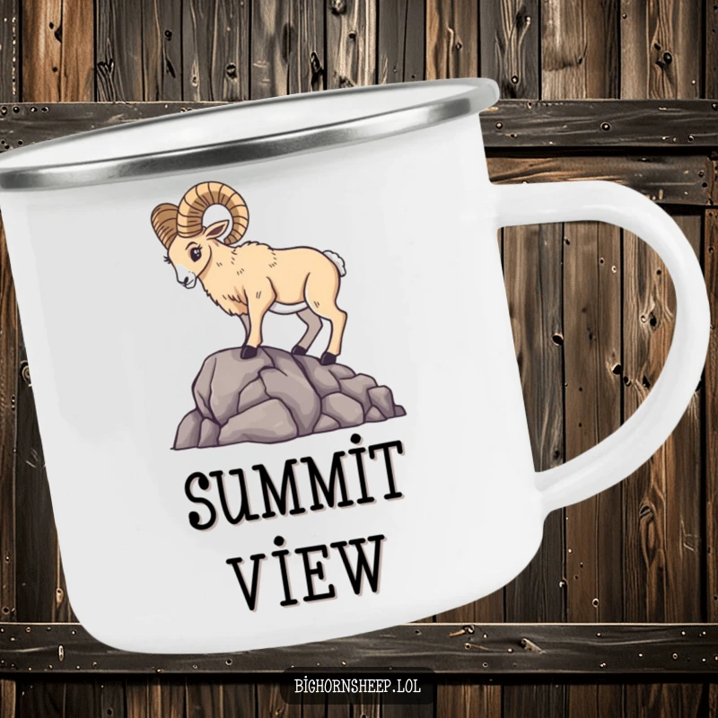 Majestic bighorn sheep striking a dramatic pose on a rocky outcrop, on a sturdy camping mug.