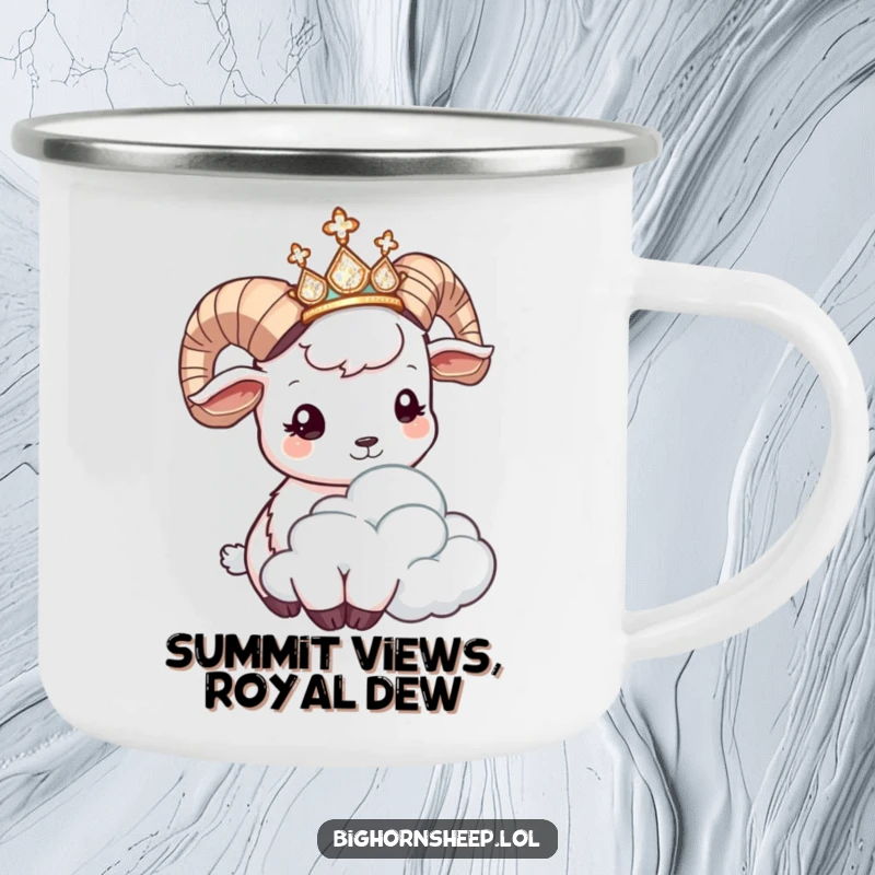 Funny bighorn sheep camping mug, a regal sheep with a tiara, playfully headbutting a cloud, ideal for outdoor humor.