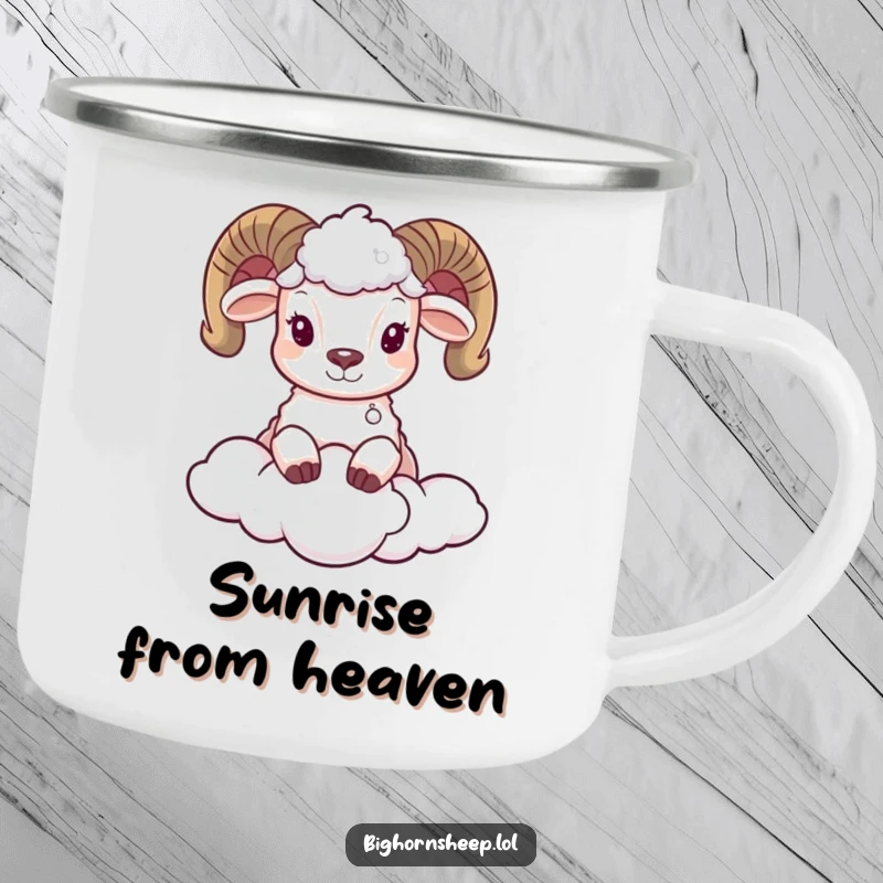 Funny camping mug with an adorable bighorn sheep peeking from behind a fluffy cloud, ready for any outdoor escapade.