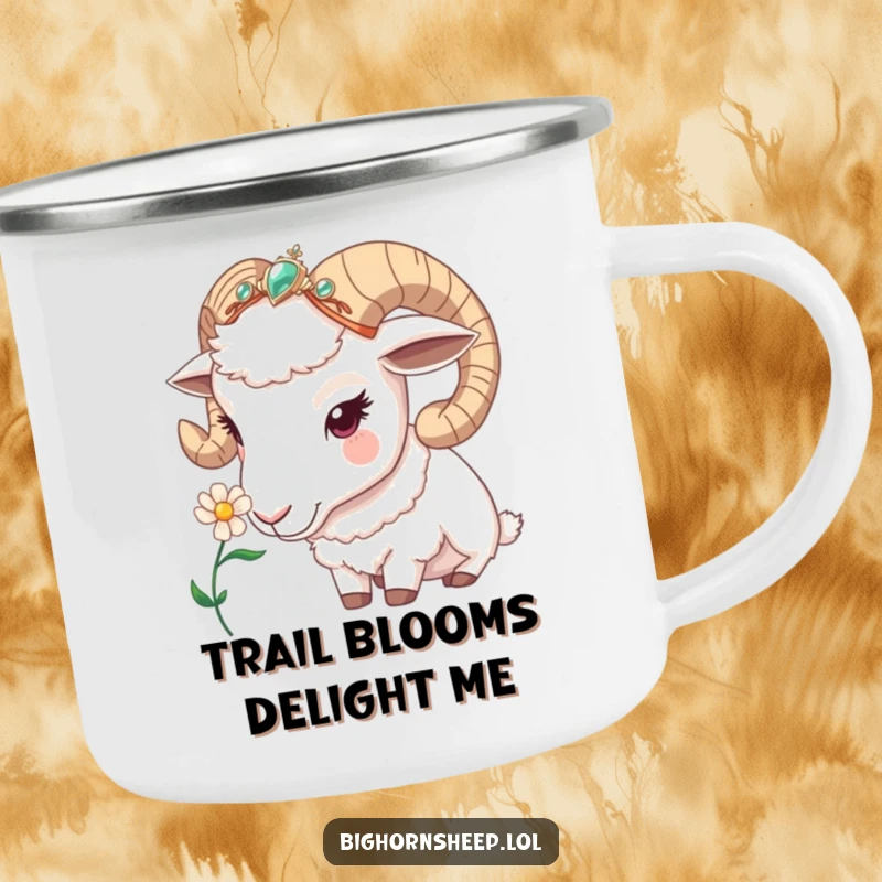 Funny bighorn sheep camping mug, a sheep with a jeweled headband curiously sniffing a flower, adding nature's humor to outdoor trips.