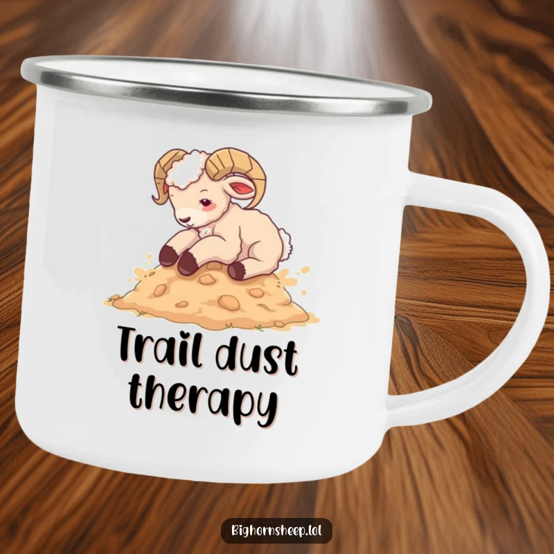 Funny bighorn sheep cub camping mug, happily rolling in earth, a durable and hilarious mug for outdoor enthusiasts.
