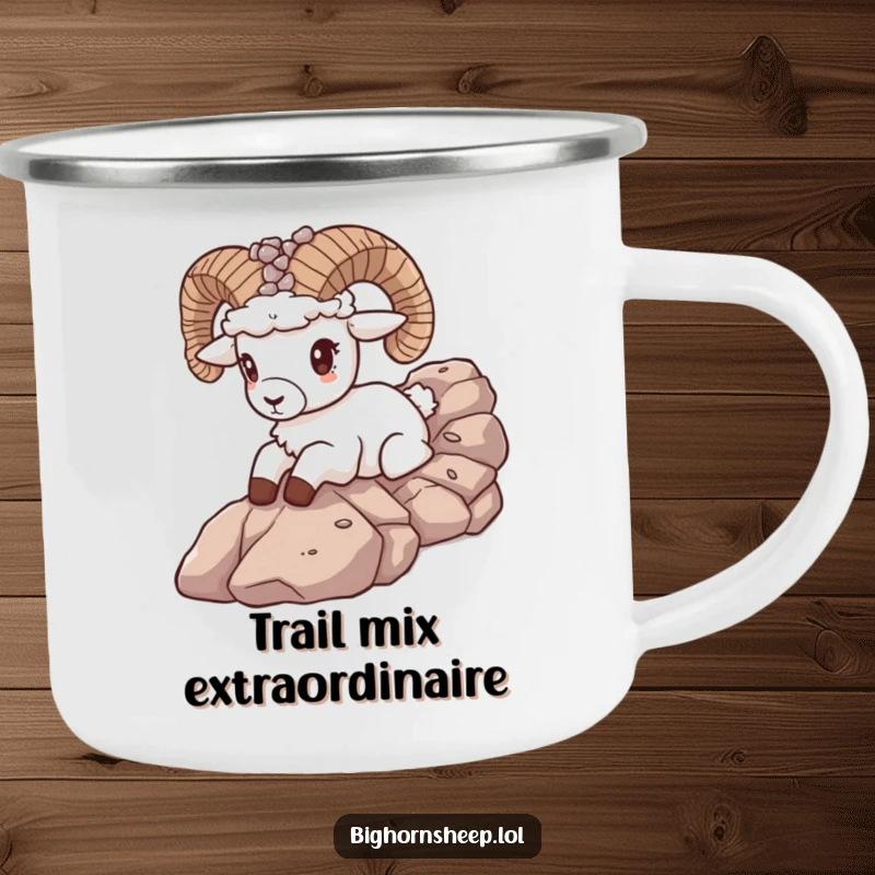 Funny bighorn sheep with a pebble crown mid-slide down a rocky slope on a durable camping mug, perfect for outdoor humor.