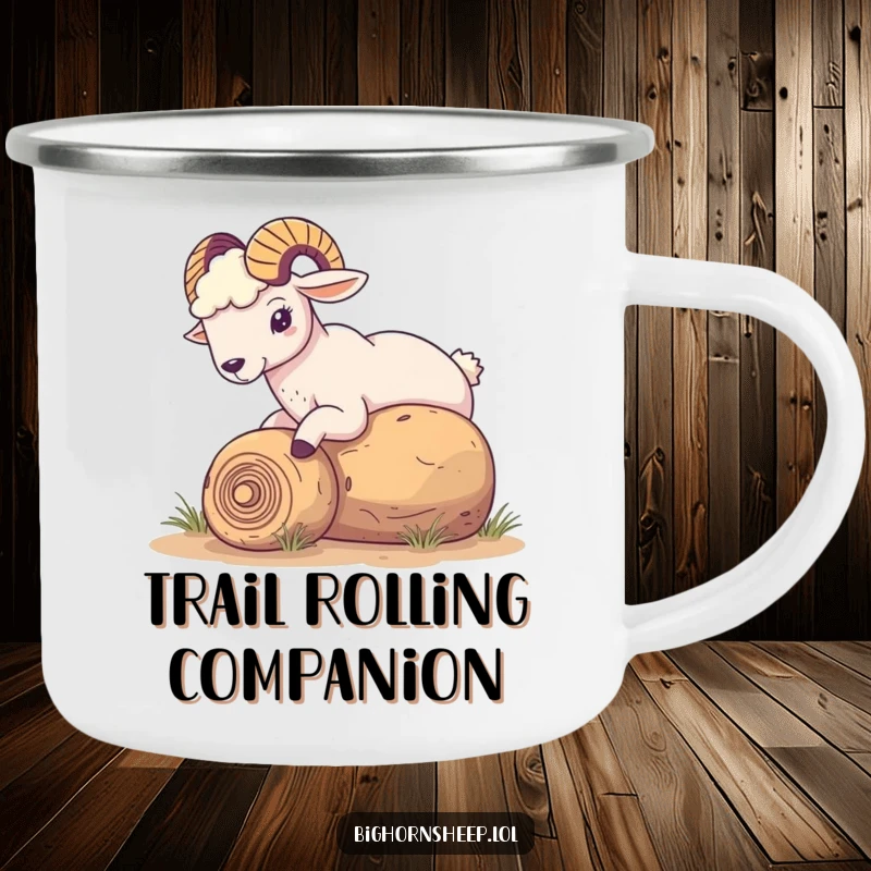 Funny Bighorn Sheep Camping Mug: Sheep playfully nudging a rolling tumbleweed, perfect for humorous desert-themed outdoor adventures.
