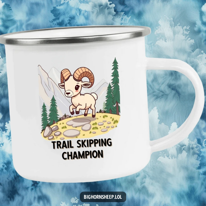 Funny bighorn sheep camping mug, showing the sheep playfully skipping along a mountain path, ready for adventure.