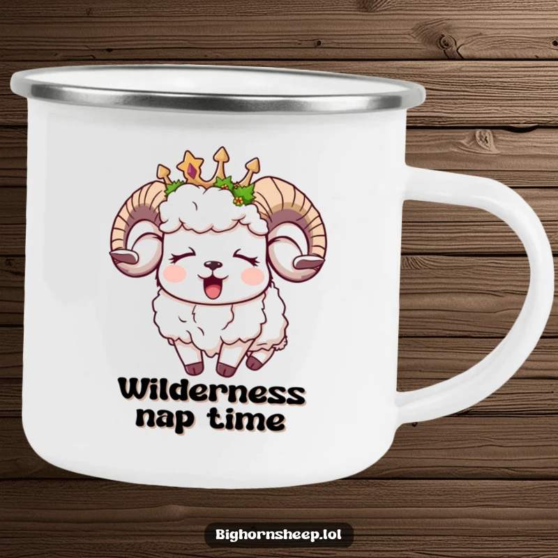 Funny sleepy bighorn sheep camping mug, a yawning sheep in a moss crown, perfect for peaceful outdoor sipping.