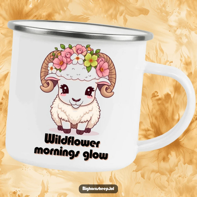 Funny Camping Mug showing a bighorn sheep comically adjusting an oversized flower crown, perfect for sipping coffee amidst nature's funny moments.