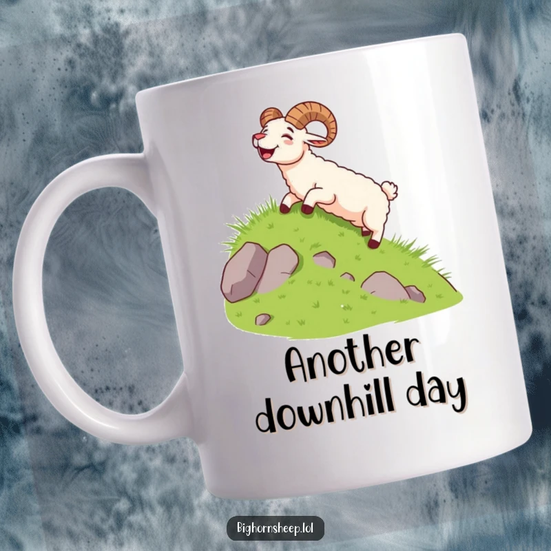 Funny bighorn sheep joyfully sliding down a grassy slope with its mouth open in a happy yell.