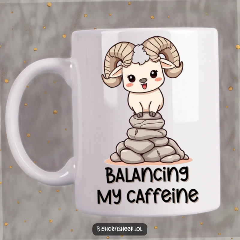 Funny, happy bighorn sheep character attentively balancing a tall stack of small rocks on a mug, symbolizing calm focus.