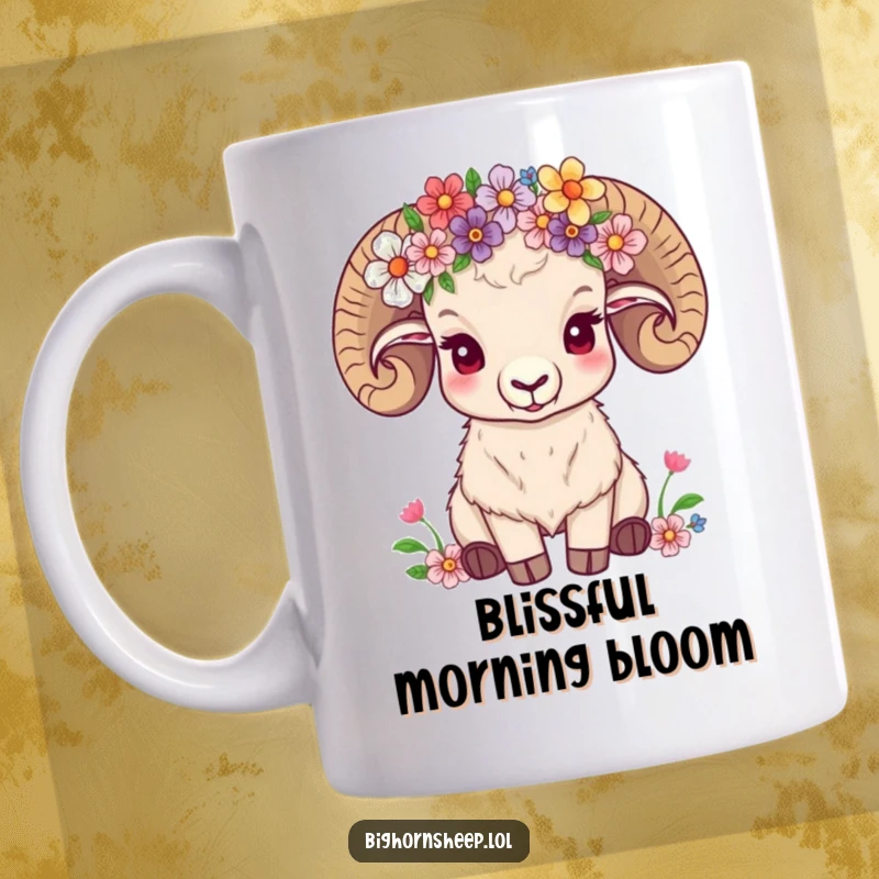 Funny bighorn sheep peacefully wearing a crown of colorful wildflowers, looking utterly content on a mug.