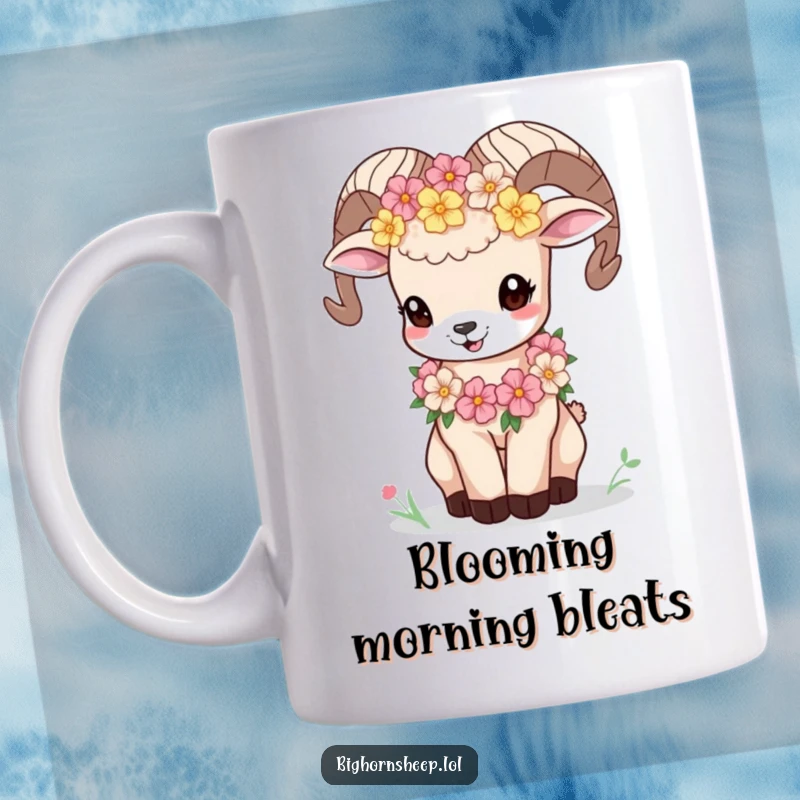 Funny bighorn sheep cub adorned with a mountain flower garland, letting out a playful bleat on a mug, embodying youthful charm.