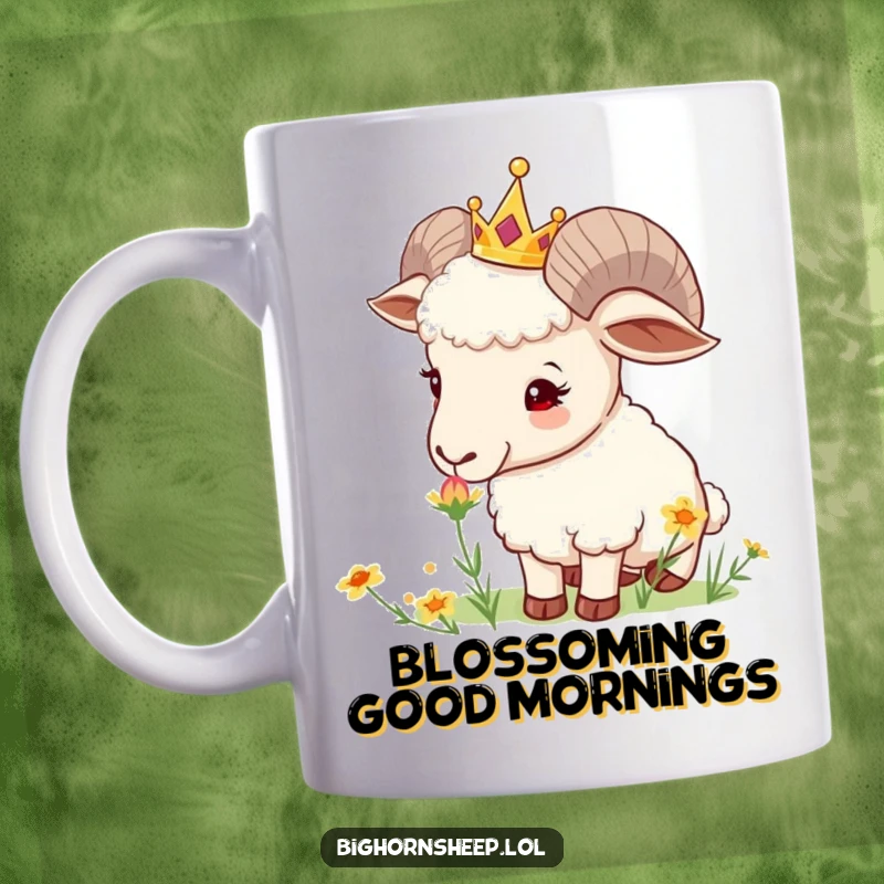 Funny Crowned Sheep Mug: A curious sheep wearing a tiny crown gently sniffs a wildflower, embodying sweetness and nature's charm.