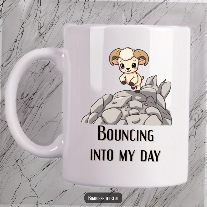 Funny Bighorn Sheep Cub Mug: Cute cub happily bouncing with glee on rocky terrain, radiating pure, infectious energy.
