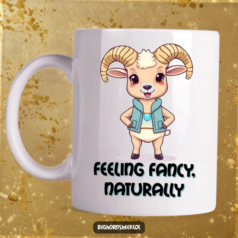 Funny bighorn sheep mug, delighted and striking a proud stance in a sparkly vest, perfect for gifting.