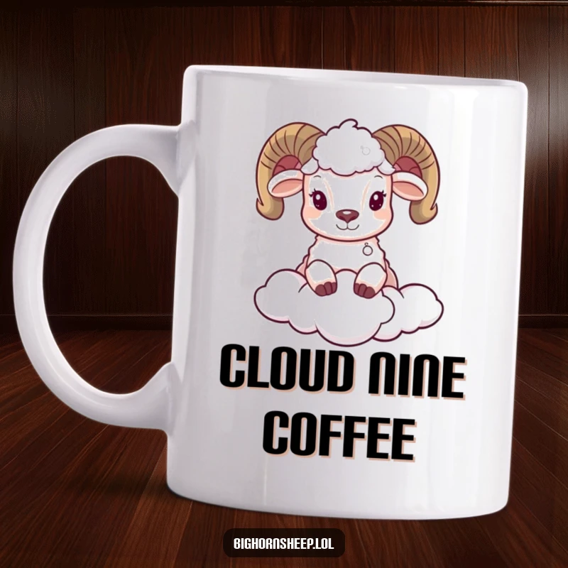 Funny mug featuring an adorable bighorn sheep playfully peeking its head from behind a large, soft, fluffy white cloud.