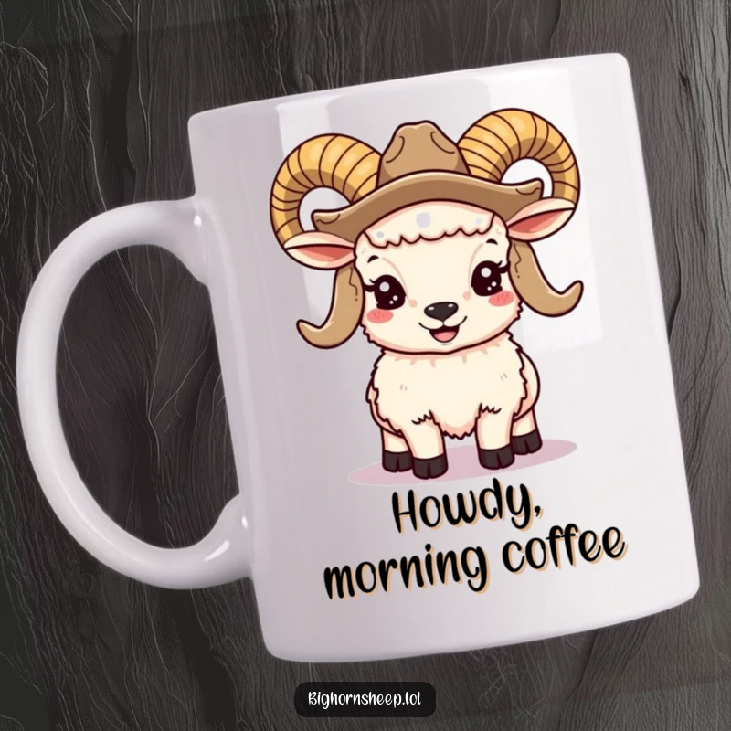 Funny bighorn sheep mug featuring a smiling ram with large horns, wearing a cowboy hat, a humorous and friendly western gift.