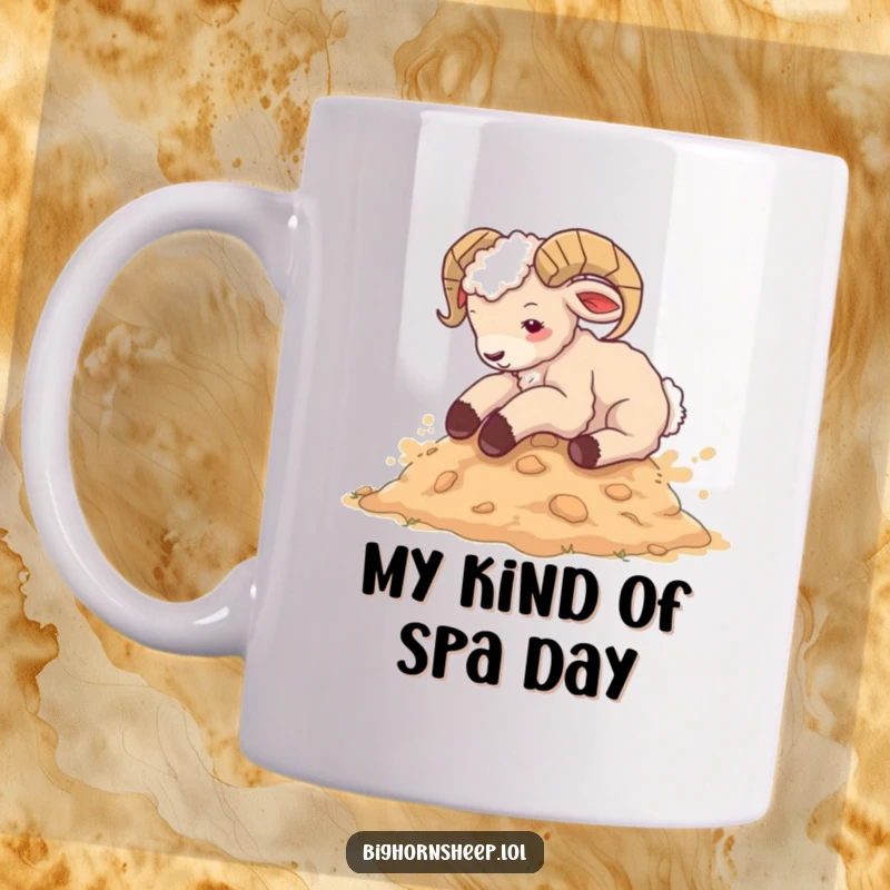 Funny bighorn sheep cub mug, joyfully rolling in dusty earth, capturing pure, uninhibited happiness and playful abandon for a hilarious gift.