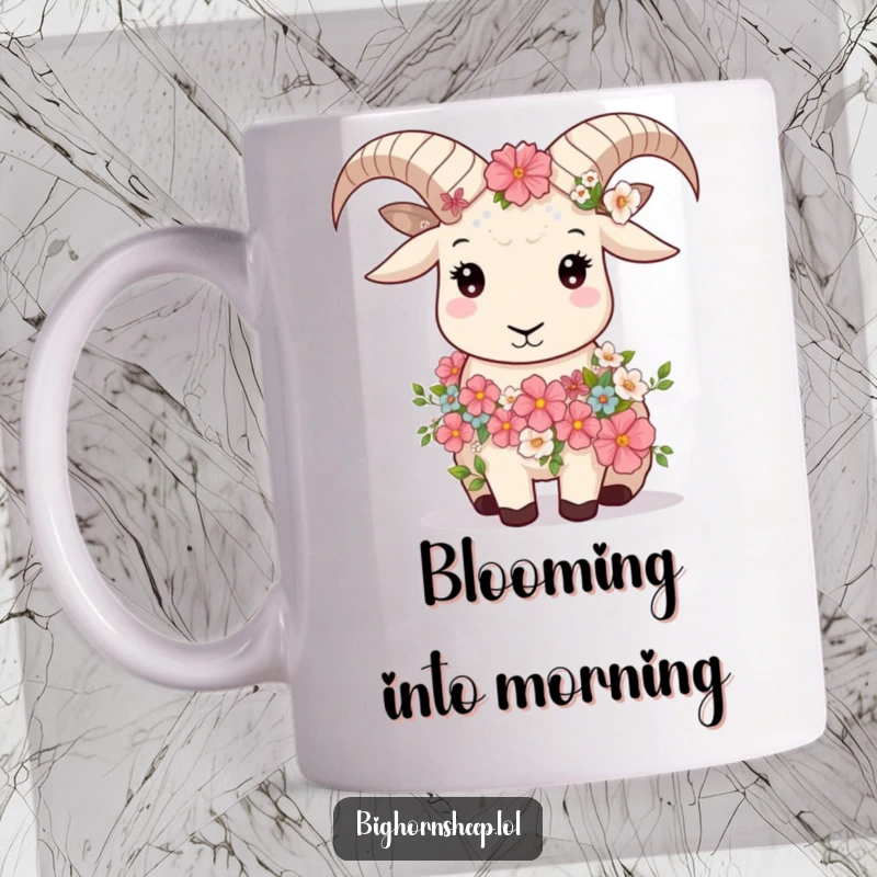 Funny bighorn sheep wearing a beautiful garland of flowers, looking incredibly serene and peaceful.