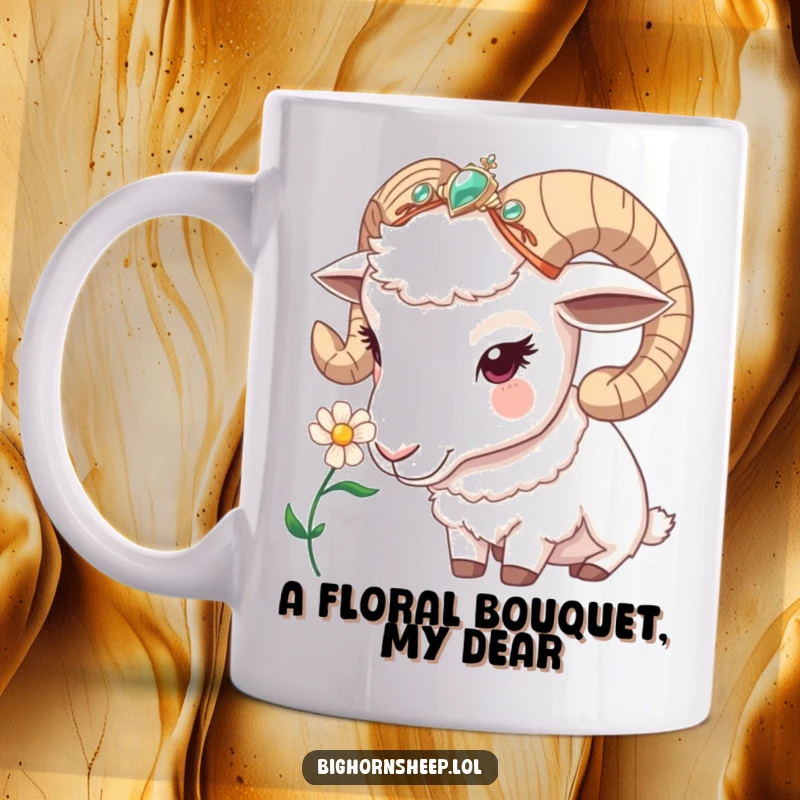 Funny bighorn sheep mug, a sheep with a jeweled headband curiously sniffing a flower, showcasing gentle curiosity and park humor.