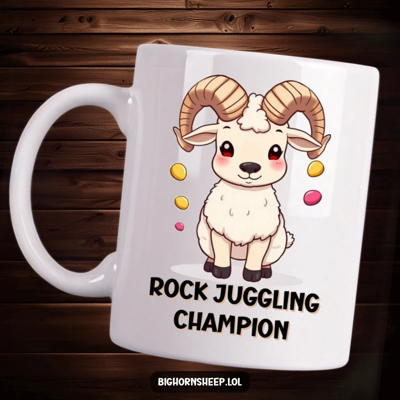 Funny bighorn sheep skillfully juggling colorful pebbles on its impressive horns, depicting a whimsical and talented creature.