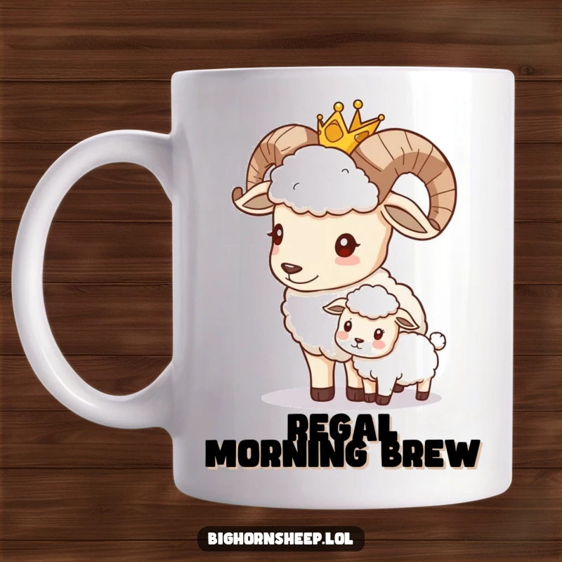 Funny bighorn sheep wearing a crown, gently nudging a smaller sheep, portraying leadership and affection.