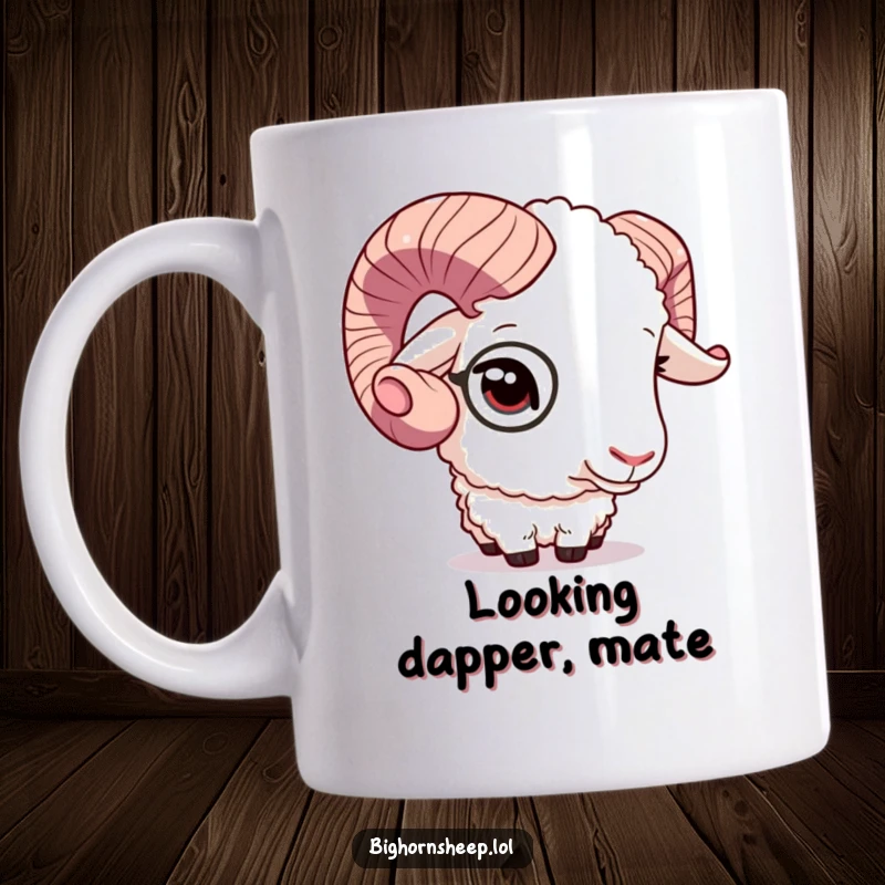 Funny bighorn sheep winking and adjusting a sparkling monocle, looking dapper and distinguished on a mug.