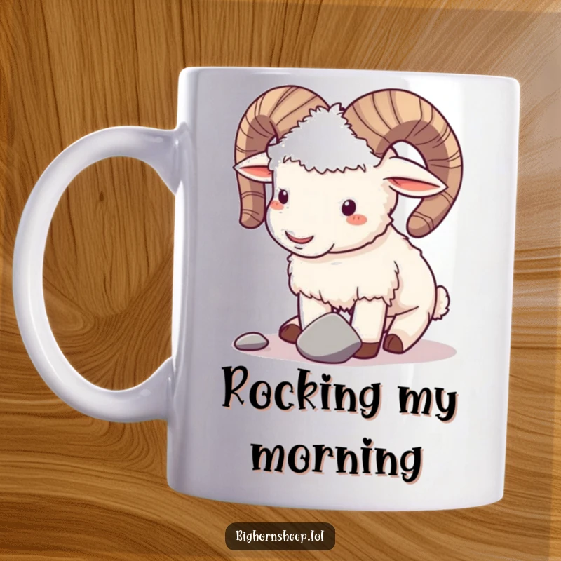 Funny mug showing a playful bighorn sheep butting horns gently with a small pebble, a humorous nature scene.