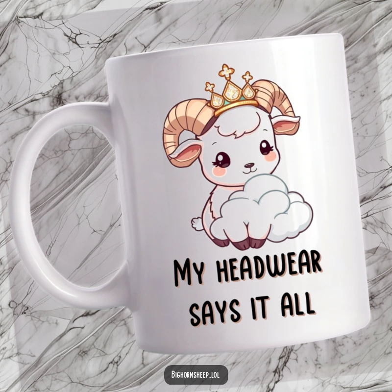 Funny bighorn sheep mug with a glittering tiara, playfully headbutting a fluffy cloud, showcasing pure joy and quirky humor.