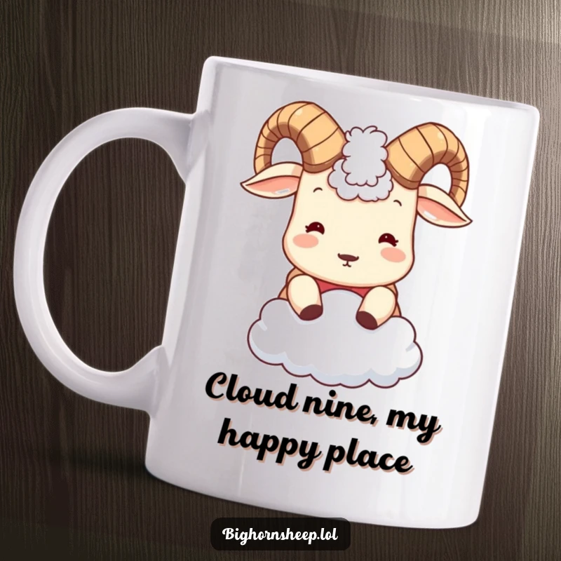 Funny Bighorn Sheep Mug: Cute sheep with small horns playfully headbutting a fluffy cloud, bringing smiles and joy.