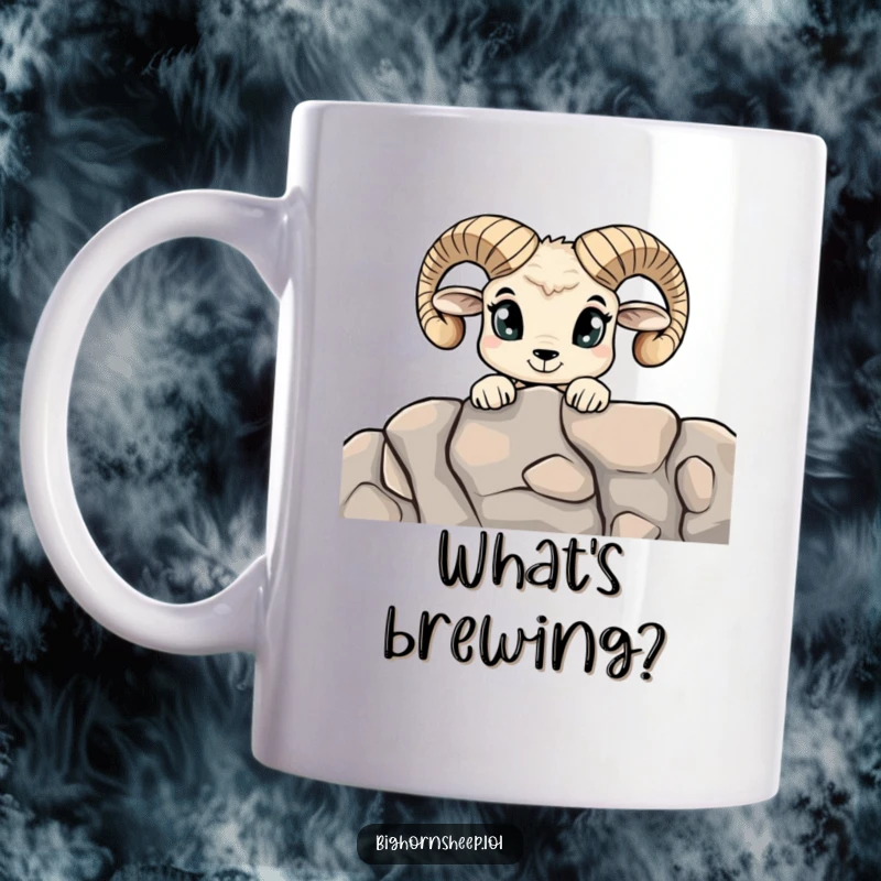 Funny Curious Bighorn Sheep Mug: A sheep's wide eyes peeking over a rocky ledge, embodying curiosity and wonder.