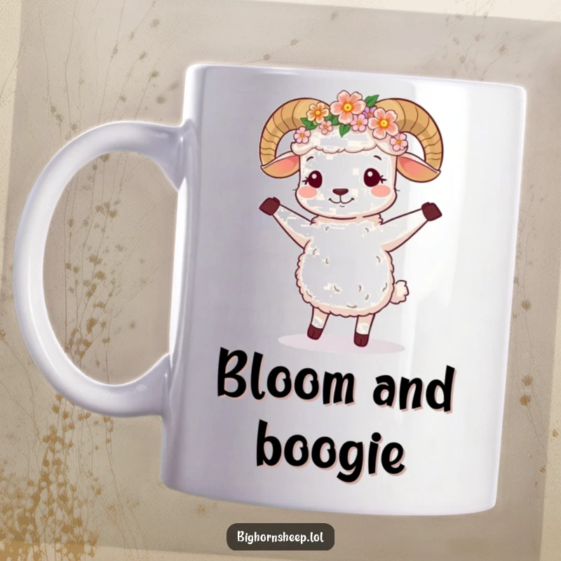 Funny Mug: Cute bighorn sheep wearing a flower crown, joyfully doing a happy little dance.