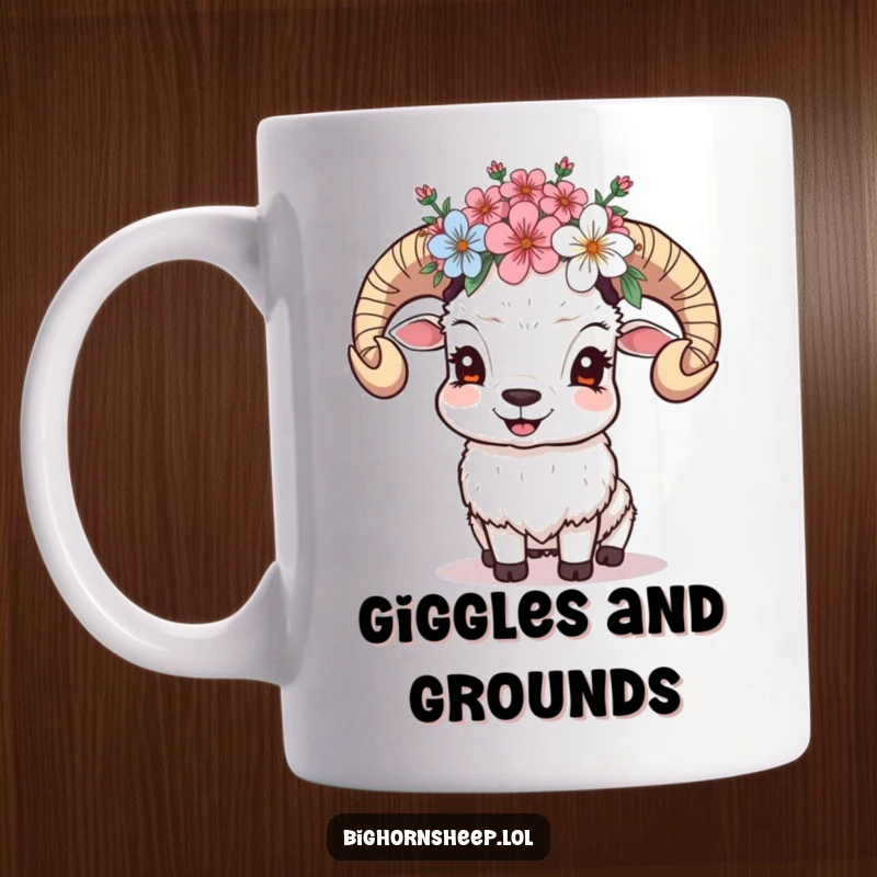 Funny Giggling Sheep Mug: A joyful sheep wearing a crown of alpine blossoms is giggling, radiating happiness and natural beauty.