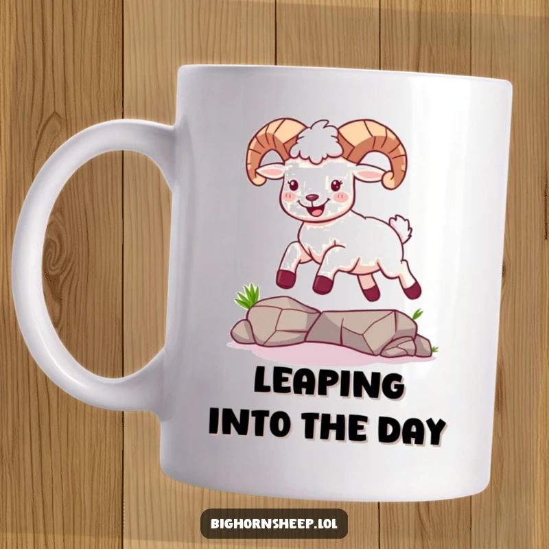 Funny mug featuring a bighorn sheep with a radiant, joyful expression, mid-leap as it gracefully jumps over a small gap.