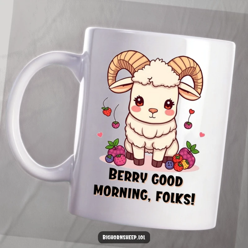 Funny bighorn sheep mug featuring a mischievous sheep gleefully juggling colorful berries with a twinkle in its eye.