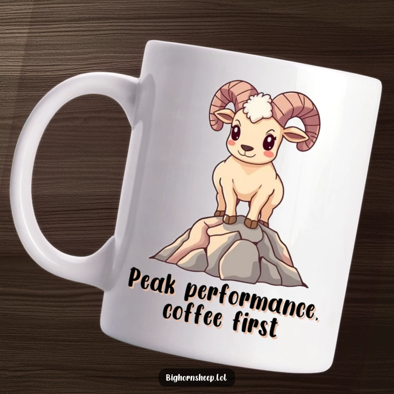 Funny Proud Bighorn Sheep Mug: Smiling sheep standing triumphantly on a mountain peak, exuding confidence and accomplishment.