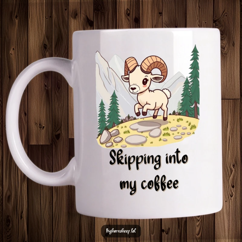 Funny bighorn sheep mug, playfully skipping along a winding mountain path, symbolizing joy and adventurous freedom.