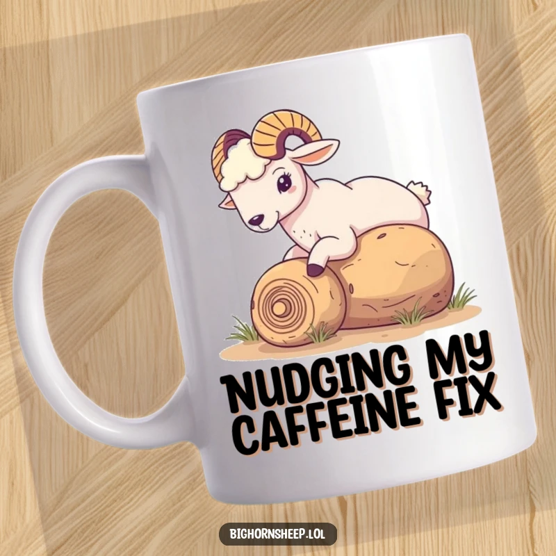 Funny Bighorn Sheep Mug: Sheep playfully nudging a rolling tumbleweed, capturing a moment of whimsical desert interaction.