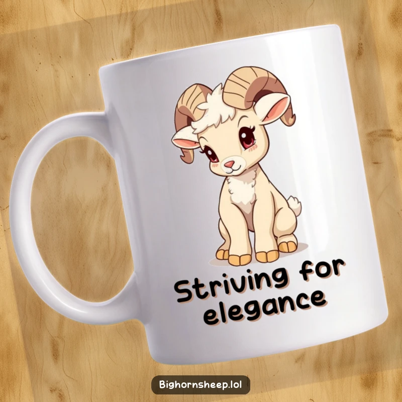 Funny bighorn sheep cub mug, attempting a majestic pose with a wobbly stance, capturing hilarious effort and adorable imperfection.
