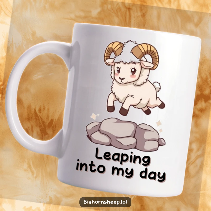 Funny bighorn sheep in a fuzzy cape leaping heroically over a small gap, showcasing bravery and a touch of silliness.
