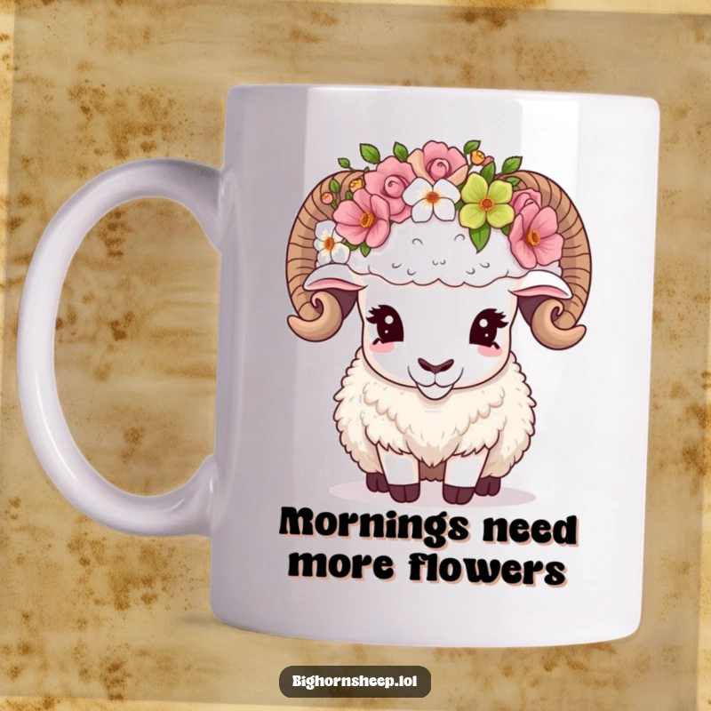 Funny Bighorn Sheep Mug showing a majestic bighorn sheep awkwardly adjusting a ridiculously oversized flower crown.