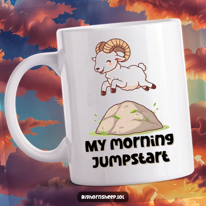Funny Bighorn Sheep Mug: A gleeful sheep mid-air, joyfully leaping over a small mound, perfect for animal lovers.